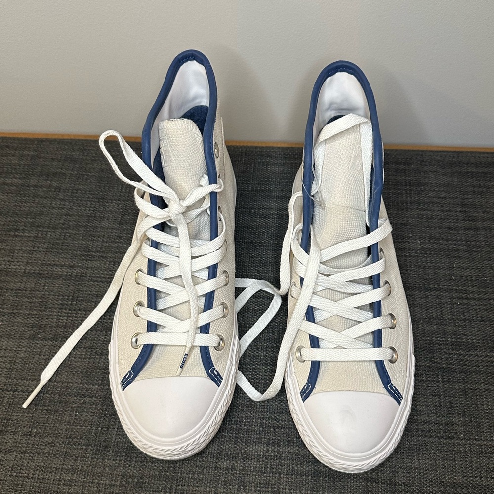 Converse Leather Chuck Taylor Pro Beige High Top Sneakers with Blue Detail